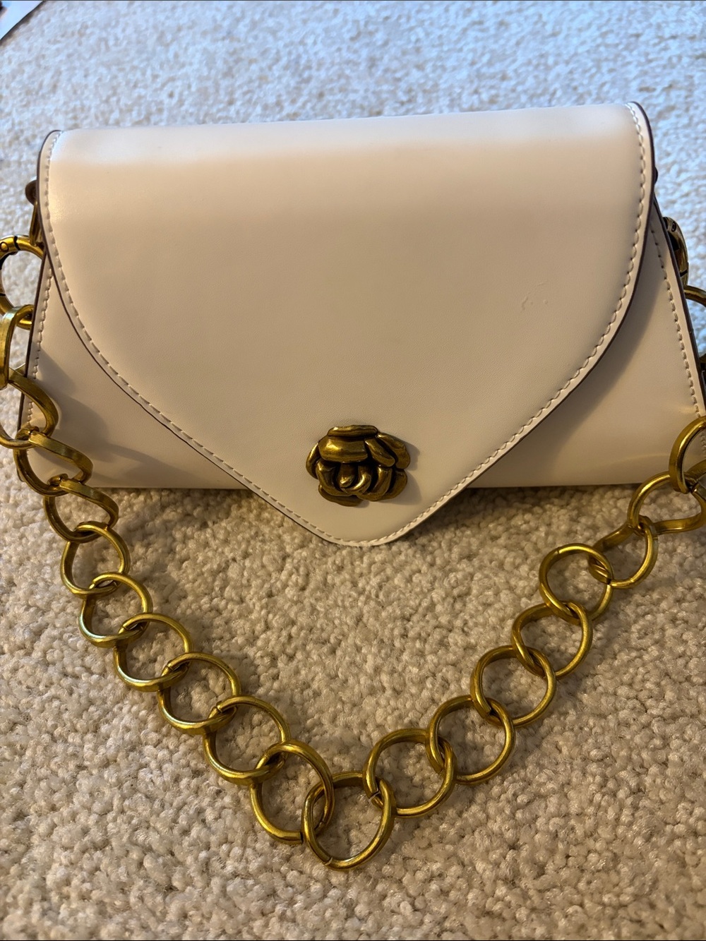 Akira Women’s White Clutch/Handbag with Gold Rose Accent and Chain